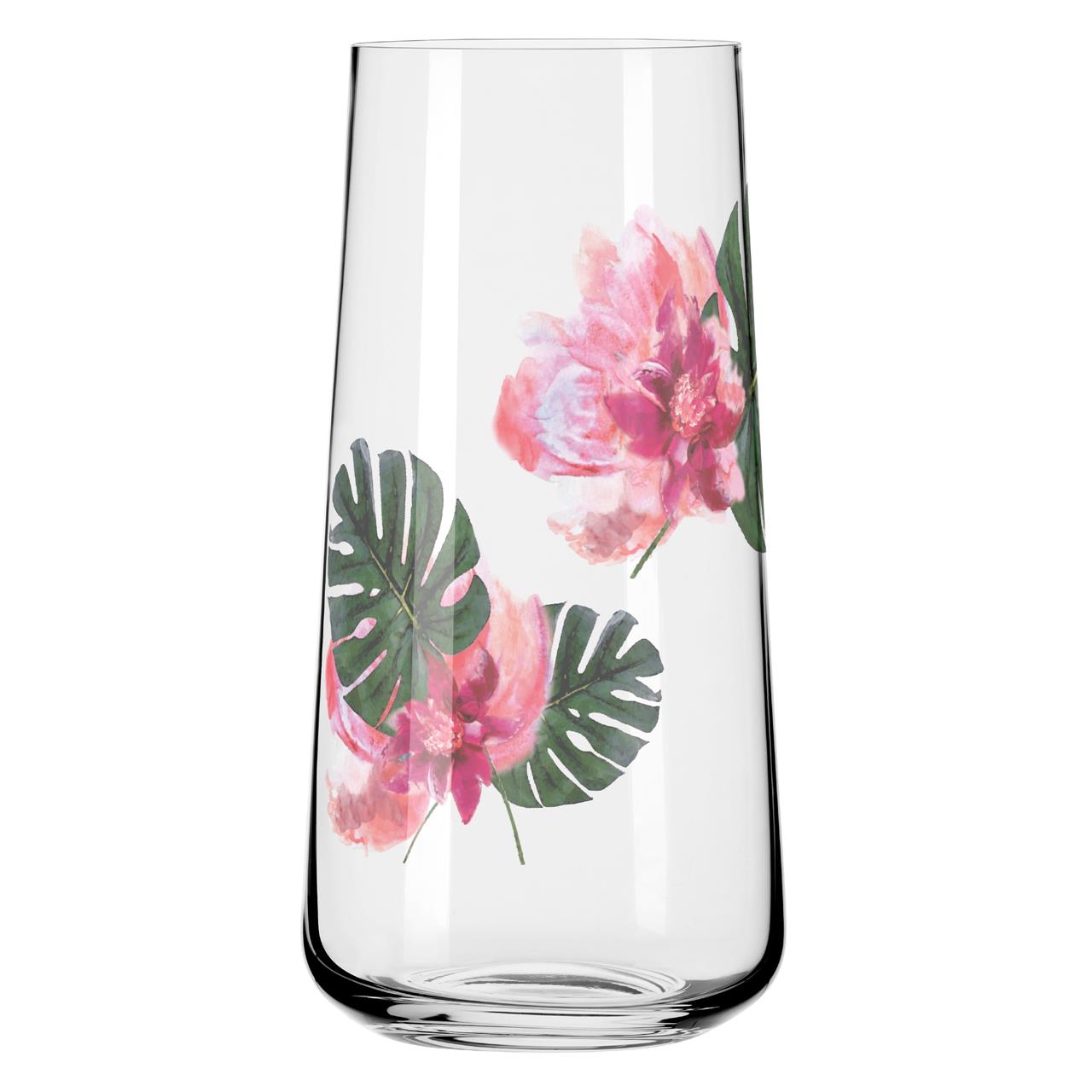 Das Glas zeigt ein florales Design mit rosa Blumen und grünen Blättern. Es ist schlank und durchsichtig gestaltet.