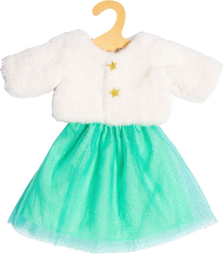 Das Bild zeigt ein Puppenkleid mit einem weißen, flauschigen Oberteil und einer grünen Tüllschürze. Das Oberteil ist mit zwei goldenen Sternen verziert und das Kleid hängt an einem Holzbügel.