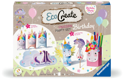 Auf dem Bild ist ein Bastelset für eine Einhorn-Geburtstagsparty von Ravensburger zu sehen. Die Verpackung zeigt bunte Einhorn-Deko und Bastelideen für eine fröhliche Party.