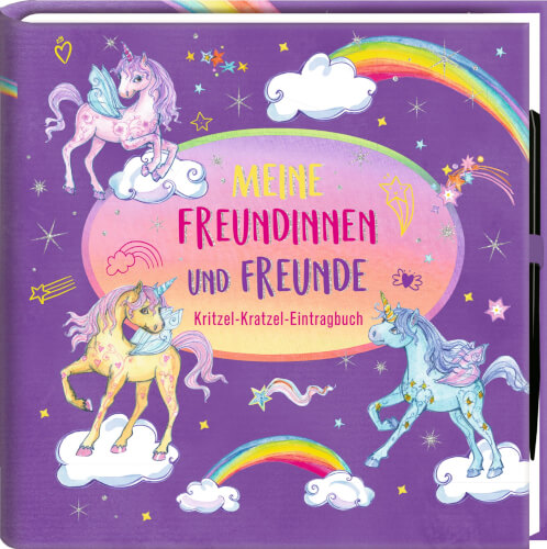 Auf dem Bild ist ein buntes Freundebuch mit Einhörnern, Regenbögen und Sternen zu sehen. In der Mitte steht der Titel "Meine Freundinnen und Freunde – Kritzel-Kratzel-Eintragebuch".