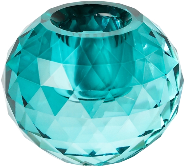 Der Kristallhalter in Petrolfarbe ist kugelförmig und facettenreich geschliffen. Er misst 4,5 x 6 cm und wirkt edel und dekorativ.