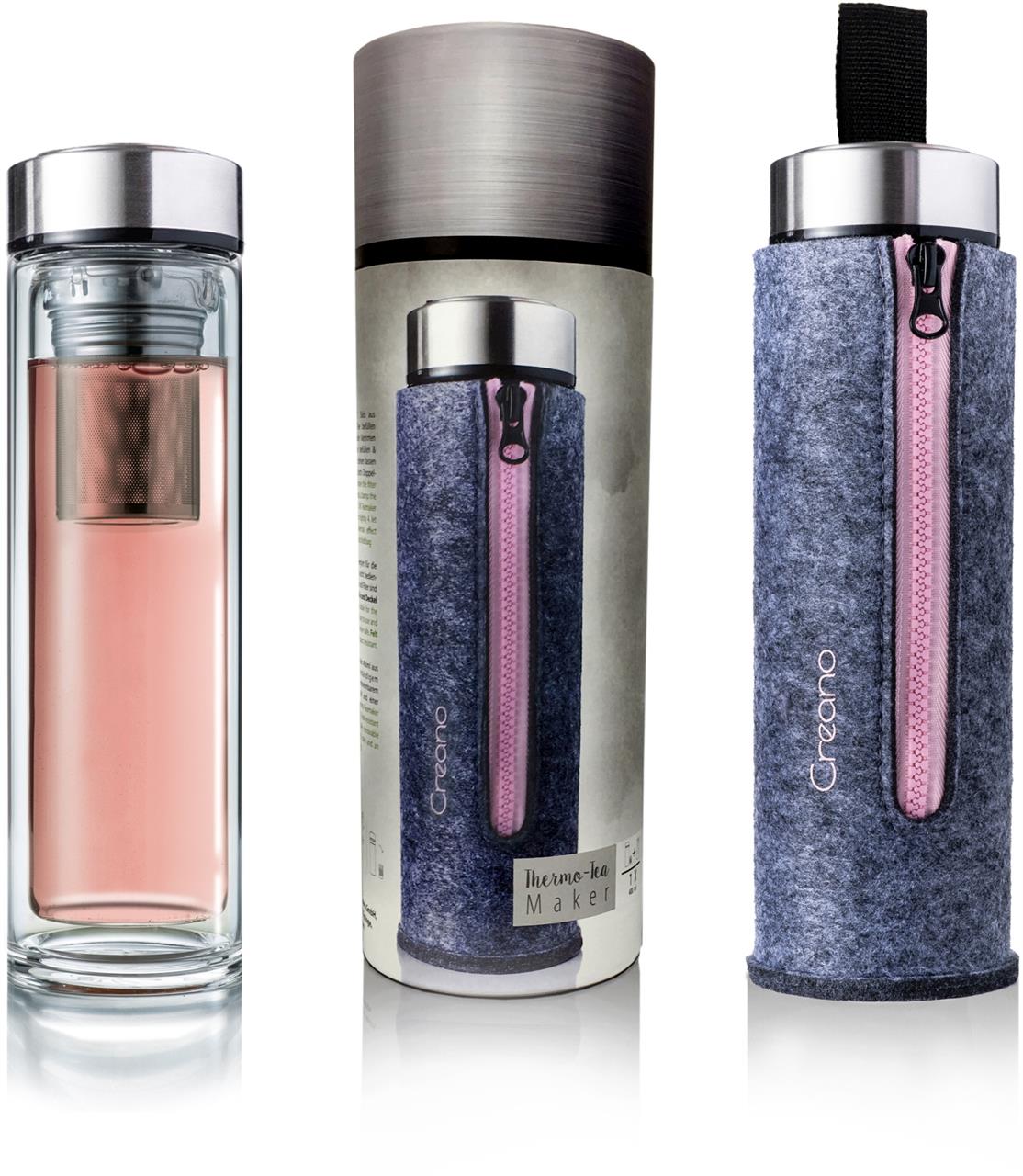 Hier ist der Teebereiter "Thermo-Teamaker" in Rosa mit Filzhülle und Teesieb abgebildet. Er hält Getränke lange warm.
