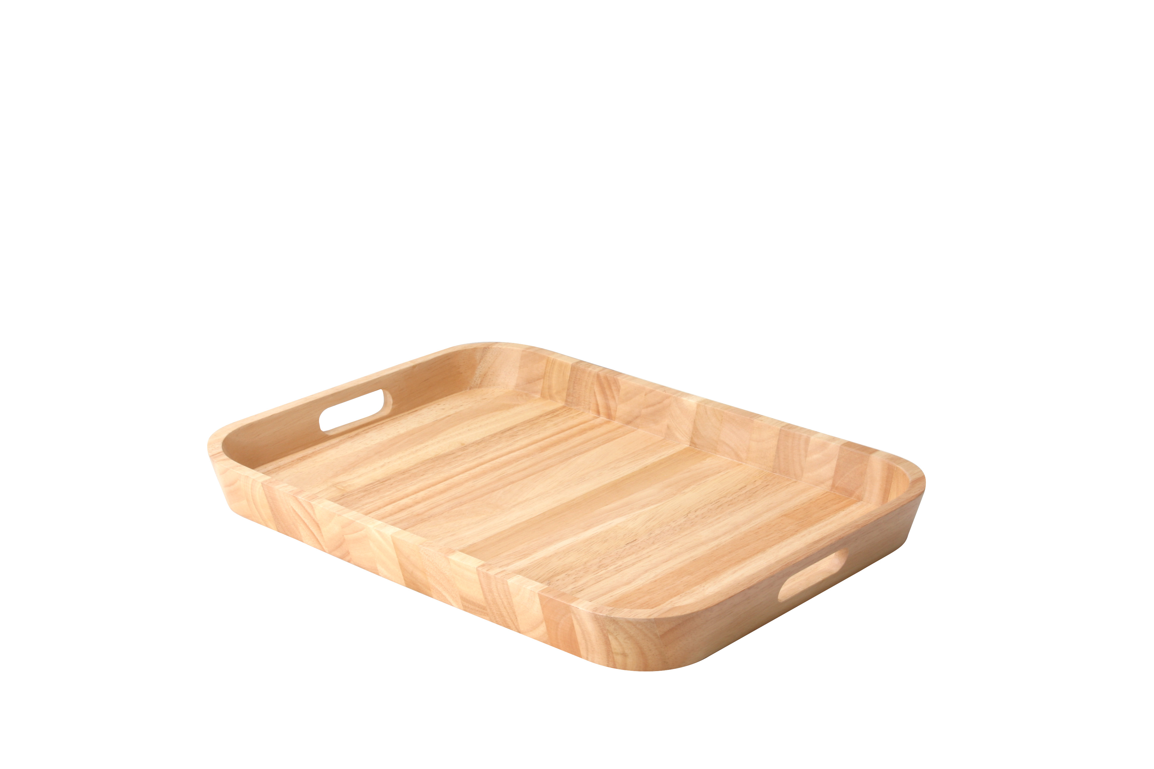 Auf dem Bild ist ein rechteckiges Tablett aus hellem Holz zu sehen. Es hat abgerundete Ecken und Griffe an den Seiten.