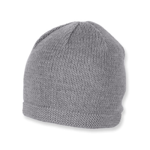 Auf dem Bild ist eine graue Strickmütze zu sehen. Die Mütze hat ein einfaches, einfarbiges Design ohne Muster.