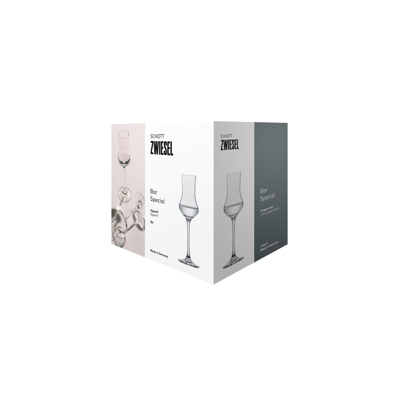 Die Abbildung zeigt die Verpackung des Produktes "A 6er Digestif Set Classico" von Schott Zwiesel. Auf der Box sind sechs elegante Digestifgläser abgebildet.