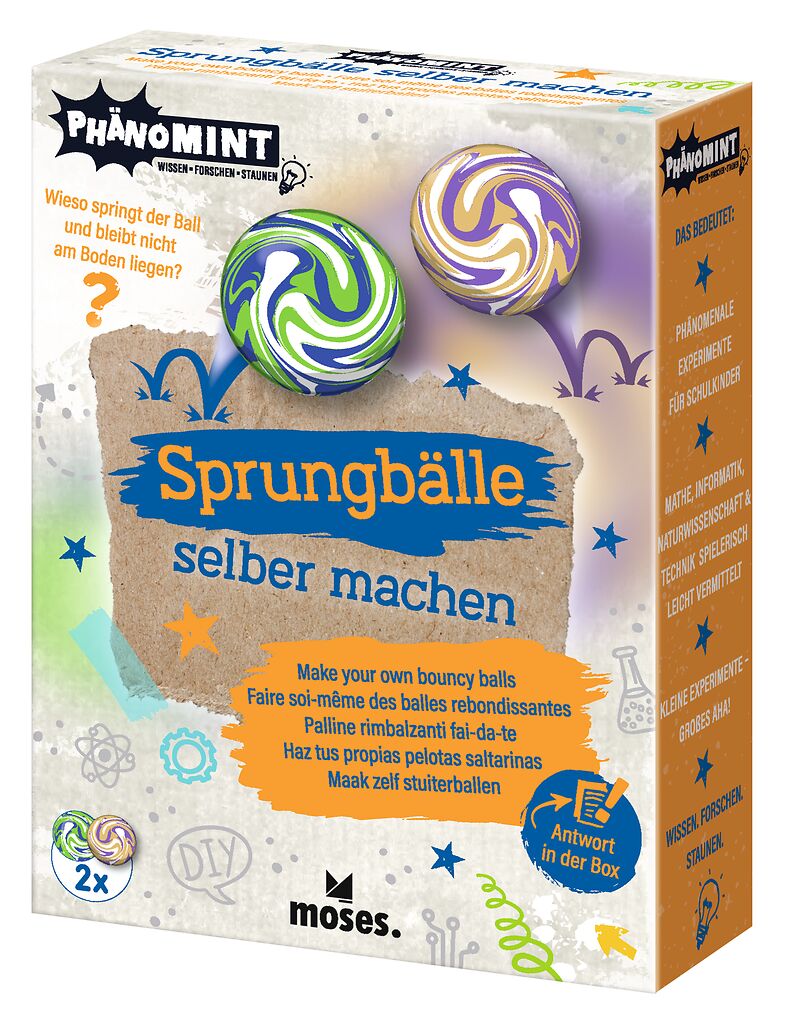 Das Bild zeigt das Produkt 'Phänomint Sprungbälle Selber Machen'. Es handelt sich um ein DIY-Set für Sprungbälle.