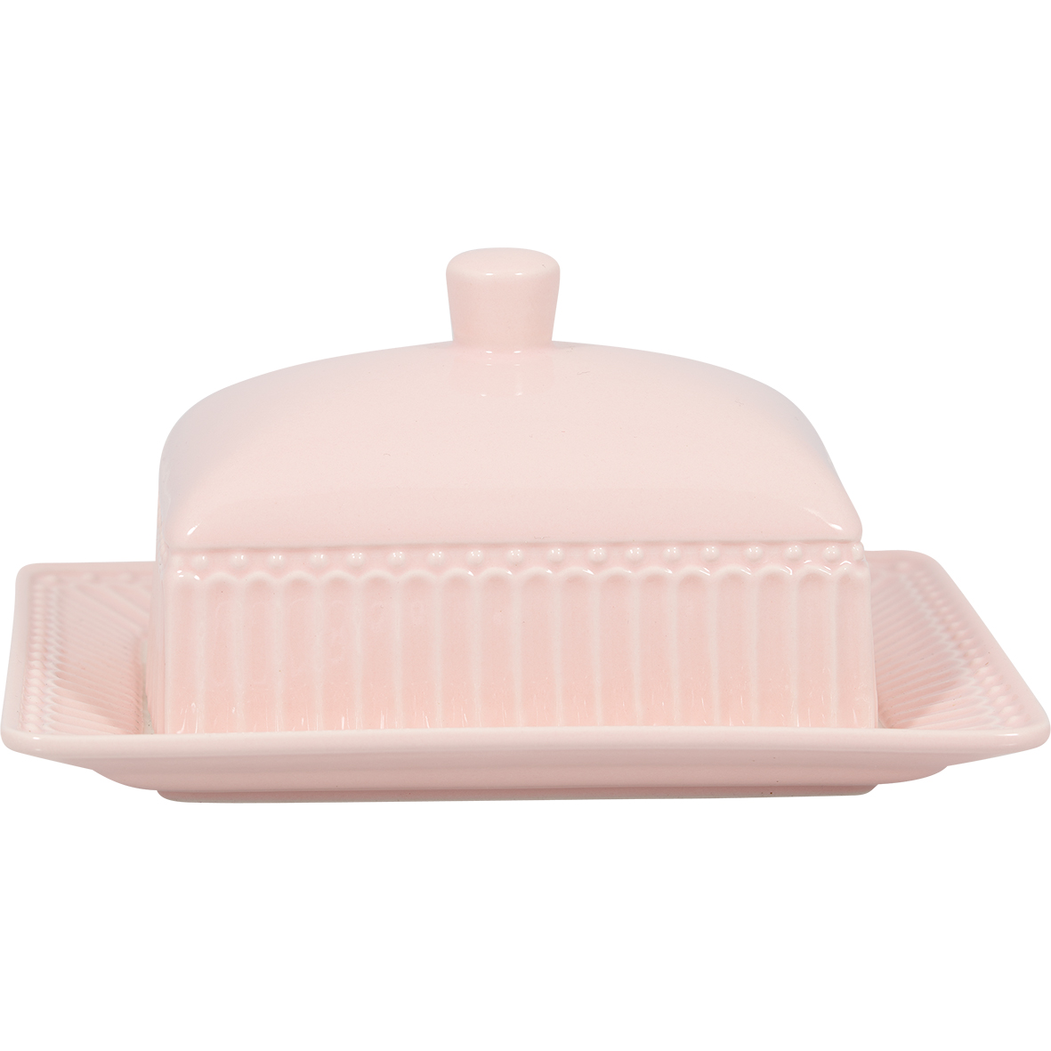 Die Abbildung zeigt eine Butterdose in mittlerer Größe in zartem Rosa. Sie hat ein schlichtes, elegantes Design mit einem dekorativen Rand.