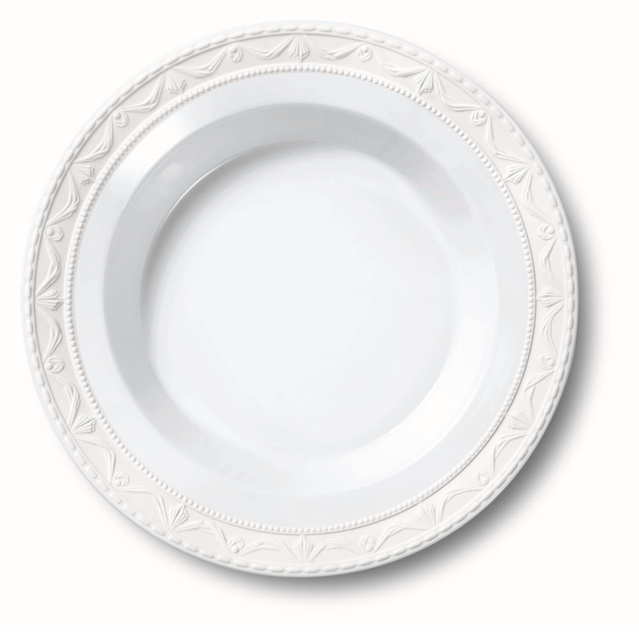 Der Suppenteller "Kurland Blanc Nouveau Weiss" hat einen Durchmesser von 25 cm. Er ist weiß und besitzt einen dekorativen, verzierten Rand.