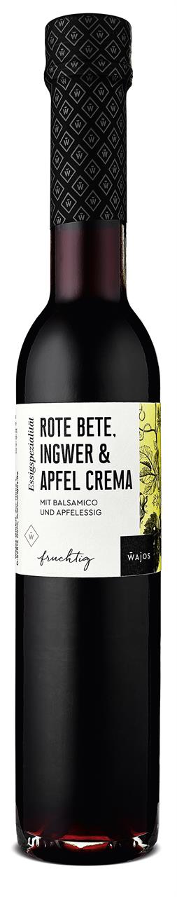 Das Bild zeigt eine Flasche "Rote Bete, Ingwer & Apfel Crema" von Wajos mit 250 ml Inhalt. Es handelt sich um eine Essigzubereitung mit 3% Säure, hergestellt aus Balsamico und Apfelessig.
