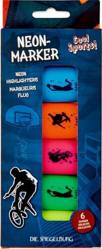 Auf dem Bild ist eine Packung mit sechs Neon-Markern in verschiedenen Farben zu sehen. Die Verpackung ist blau und mit sportlichen Motiven sowie der Aufschrift „NEON-MARKER“ und „Cool Sports!“ bedruckt.