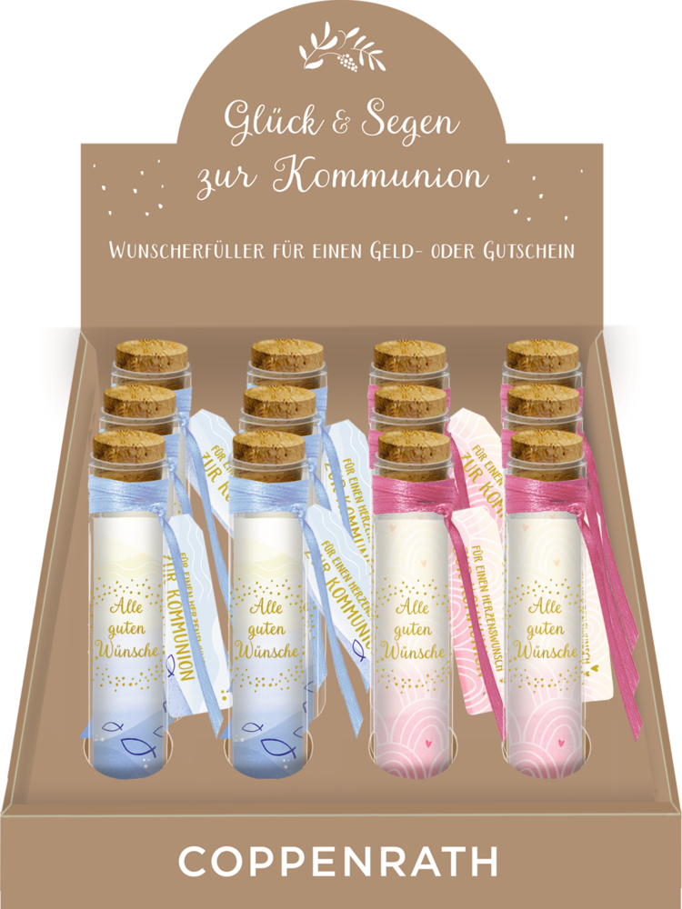 Abgebildet ist das Produkt 'Wunsch.-Flaschenpost: Alle guten Wünsche - Zur Kom'. Die Flaschenpost eignet sich als Geschenk zur Kommunion.