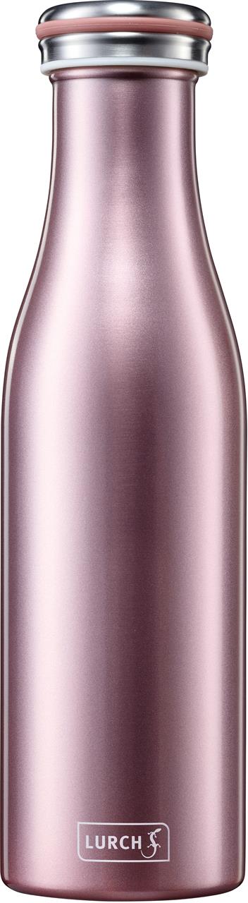 Die Abbildung zeigt eine Isolierflasche aus Edelstahl mit 0,5 Liter Fassungsvermögen in der Farbe Roségold. Am unteren Rand ist das Logo der Marke Lurch zu sehen.