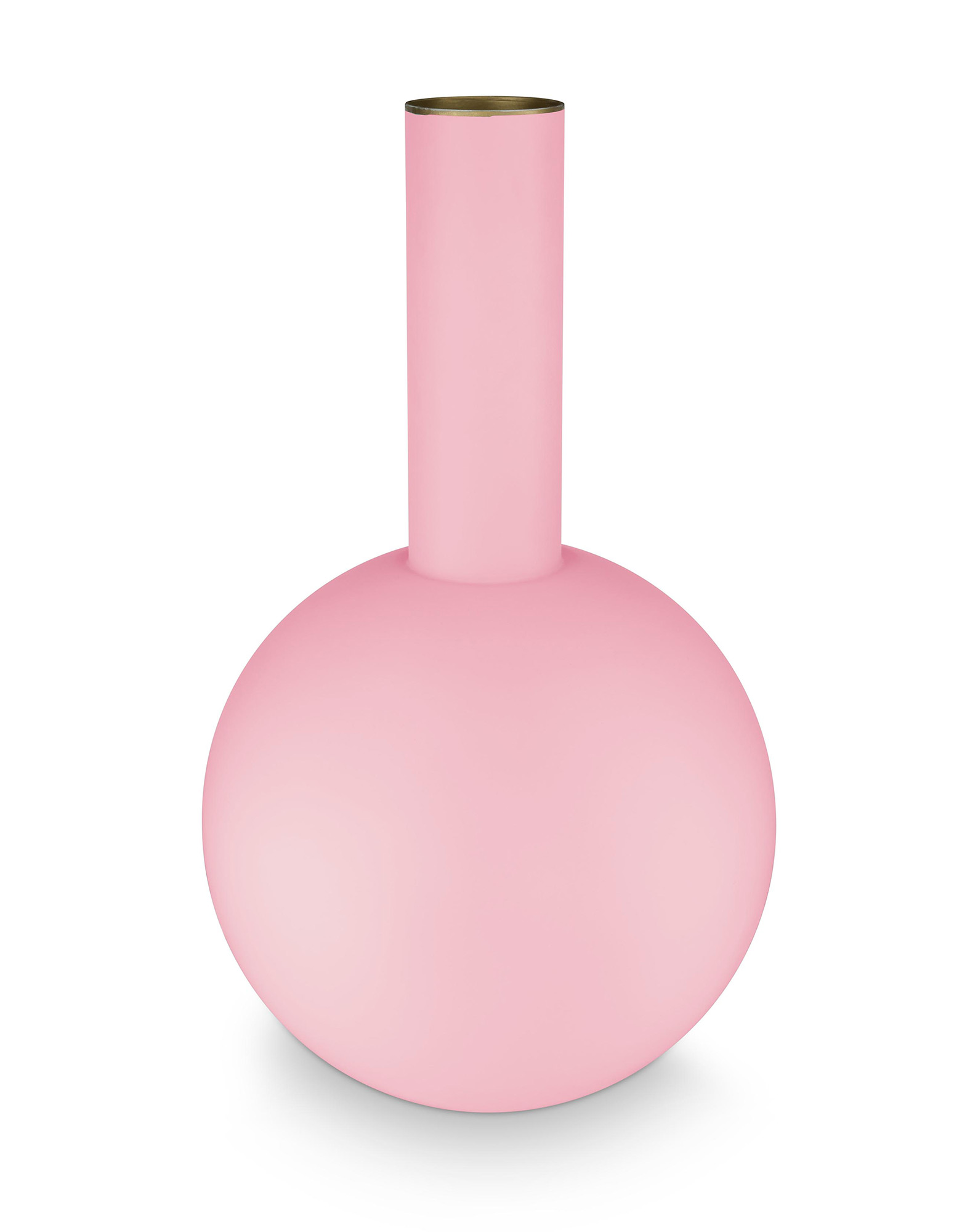 Eine große Vase aus Metall in mattem, hellem Rosa, Größe 24,5x42 cm. Die Vase wirkt elegant und dekorativ.