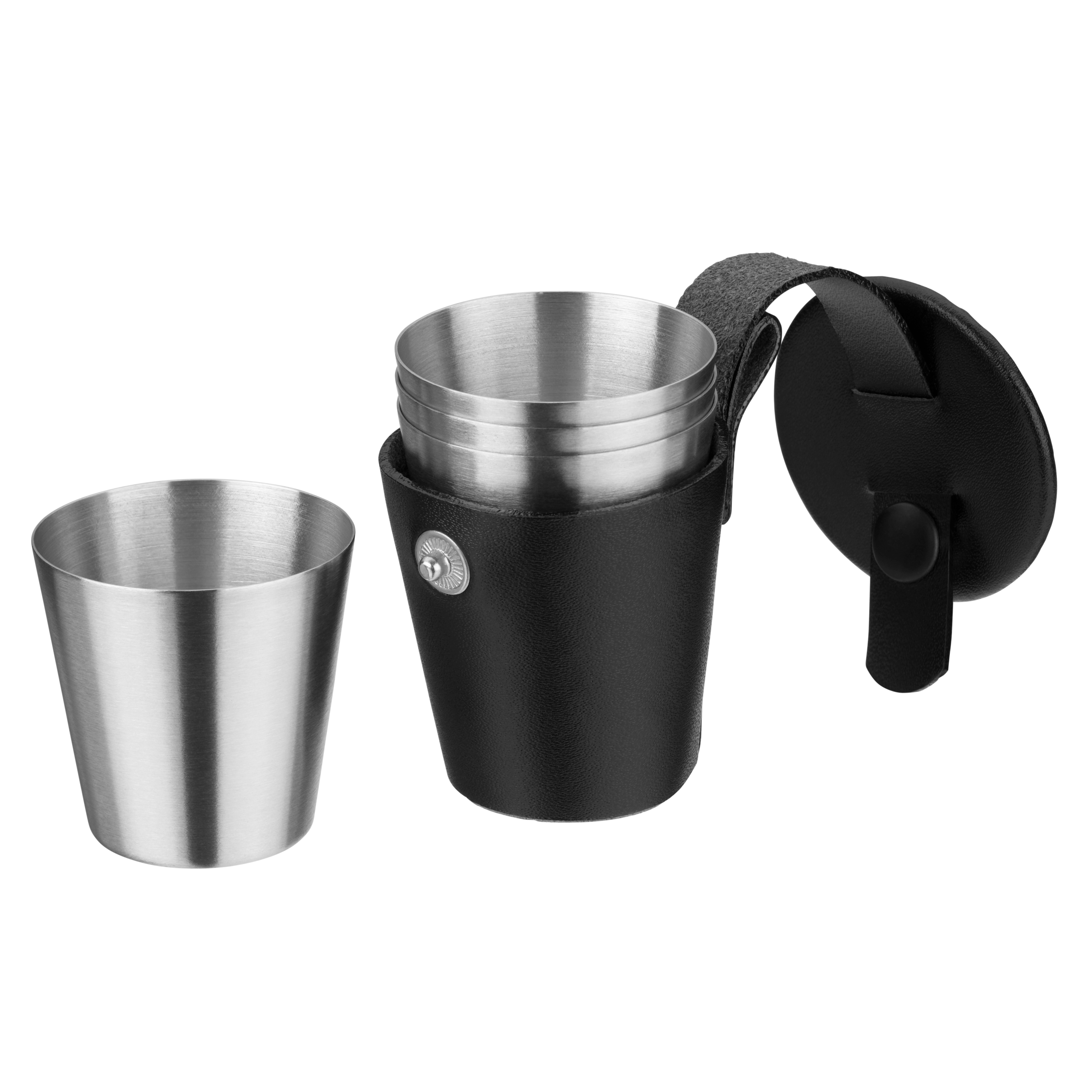 Auf dem Bild sind mehrere Edelstahlbecher zu sehen, die in einer schwarzen Ledertasche stecken. Einer der Becher steht separat daneben, während die Tasche geöffnet ist.