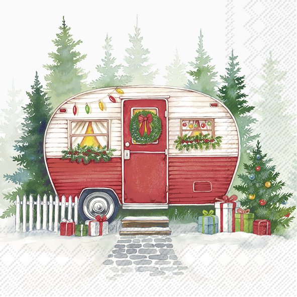 Festliche Servietten mit Camper-Motiv für die Winterzeit. Das Produkt heißt Festive Camper Lunch-Servietten L1093600.