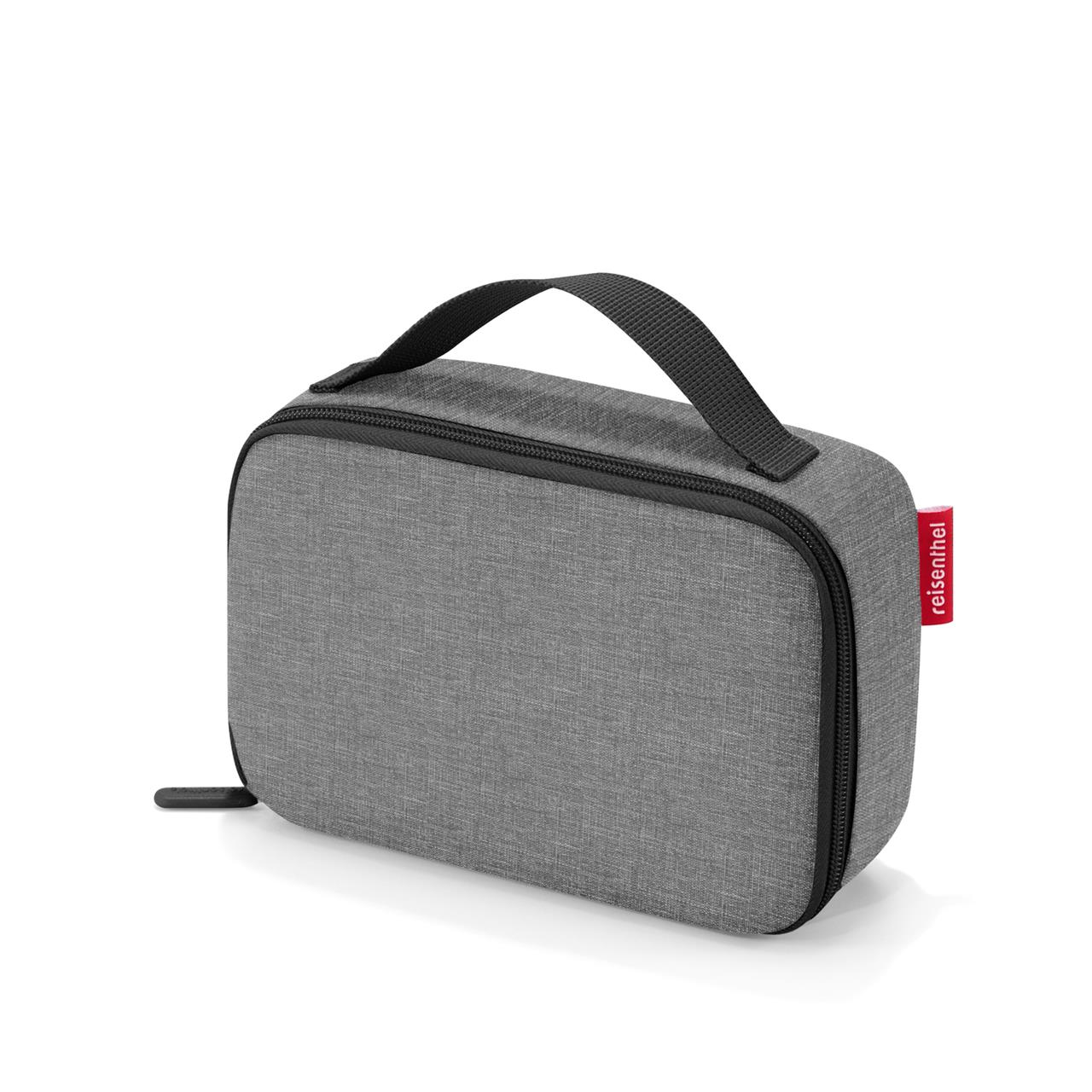 Die Abbildung zeigt eine silberne Kühltasche namens "Thermocase twist silver". Sie hat eine rechteckige Form mit einem schwarzen Tragegriff und einem Reißverschluss.