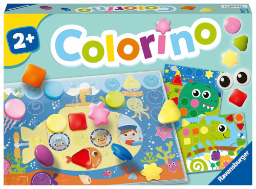 Auf dem Bild ist das Spiel "Colorino" von Ravensburger für Kinder ab 2 Jahren zu sehen. Es beinhaltet bunte Spielfiguren und farbenfrohe Spielkarten zum Zuordnen der Farben.