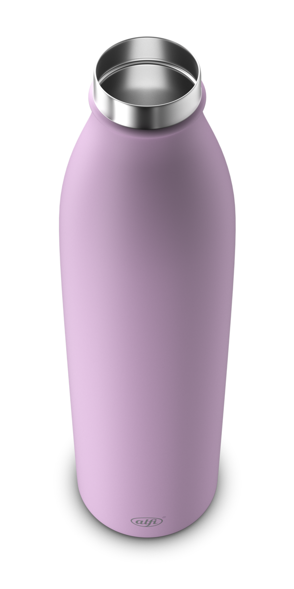 Im Bild sieht man eine lila Isolierflasche. Die Flasche steht zentral auf der Fläche.