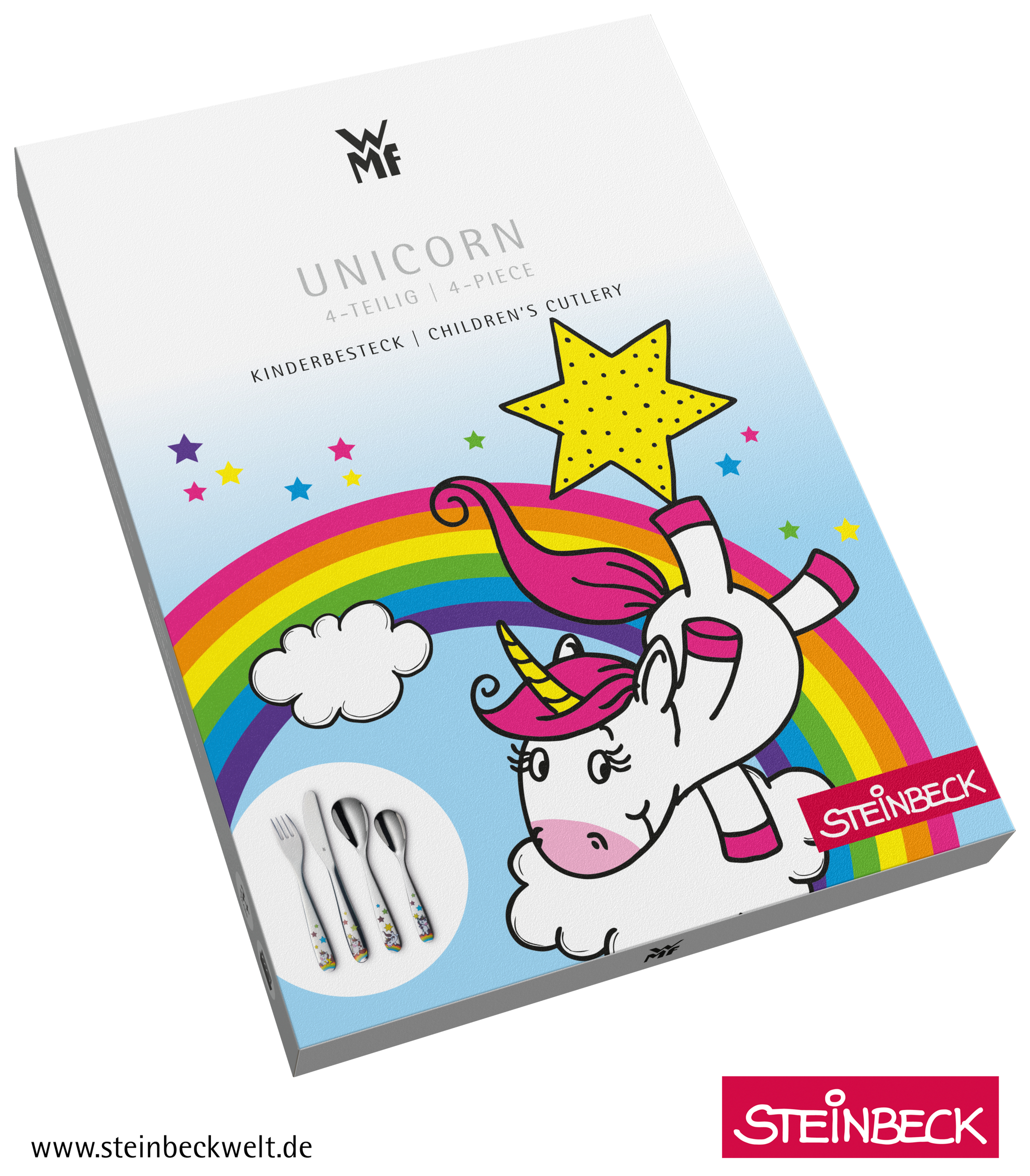 Auf dem Bild ist eine Verpackung für Kinderbesteck mit einem Einhorn, Regenbogen und bunten Sternen zu sehen. Die Marke „STEINBECK“ ist unten rechts auf der Verpackung abgebildet.