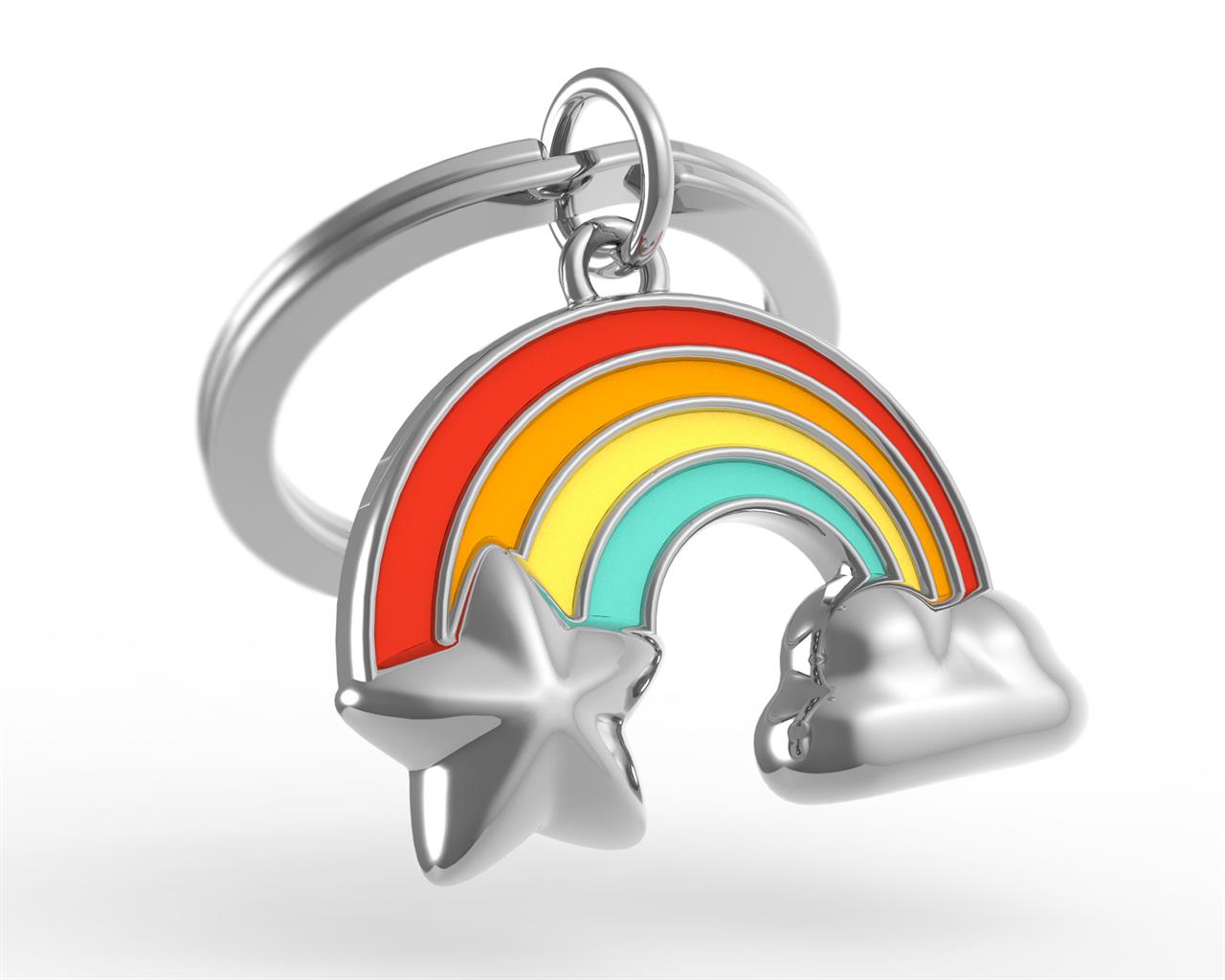 Der Schlüsselanhänger zeigt einen bunten Regenbogen mit einem Stern und einer Wolke. Er besteht aus glänzendem Metall und hat farbige Akzente.