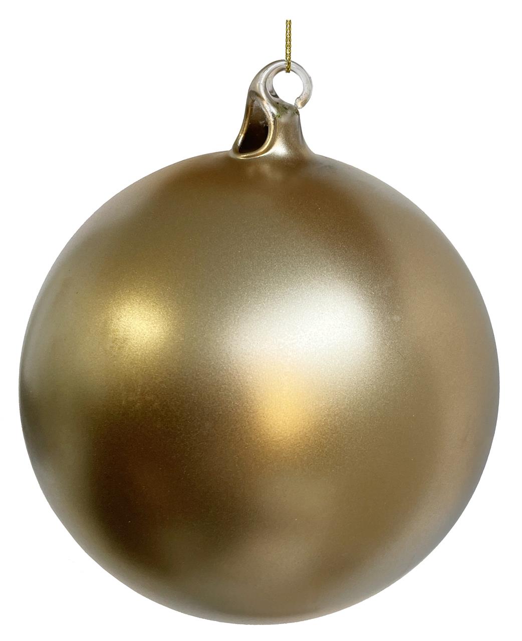 Die Abbildung zeigt eine matte goldene Glaskugel mit einer Größe von 15 cm. Sie hat eine Aufhängeöse und ist ideal als Weihnachtsbaumschmuck geeignet.