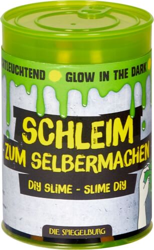 Auf dem Bild ist eine Dose mit Schleim zum Selbermachen zu sehen. Die Verpackung ist grün und gelb und trägt die Aufschrift „Leuchtend – Glow in the dark“.