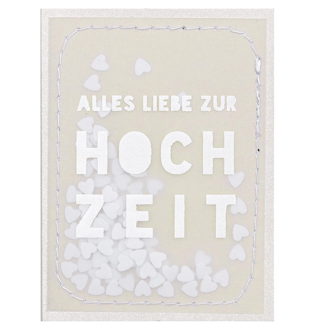 Die Abbildung zeigt eine Minikarte mit dem Text „Alles Liebe zur Hochzeit“. Auf der Karte sind viele kleine weiße Herzen als Dekoration zu sehen.