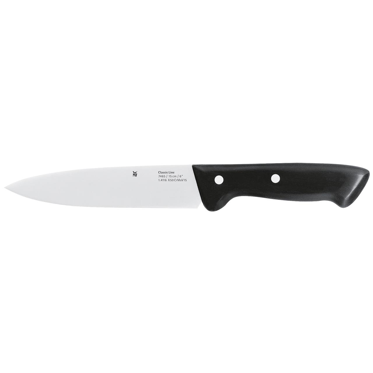Das Bild zeigt ein Kochmesser aus der Classic Line mit einer Klingenlänge von 15 cm. Das Messer hat eine silberne Klinge und einen schwarzen Griff.
