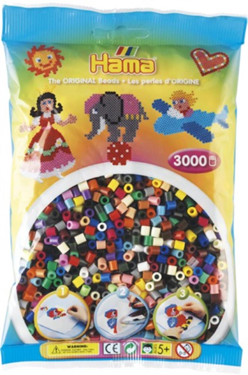 Auf dem Bild ist eine Packung bunter Hama-Bügelperlen mit der Aufschrift "Perlen Bunt 3000 Stück" zu sehen. Die Packung zeigt verschiedene Bastelideen und enthält viele verschiedenfarbige Perlen.