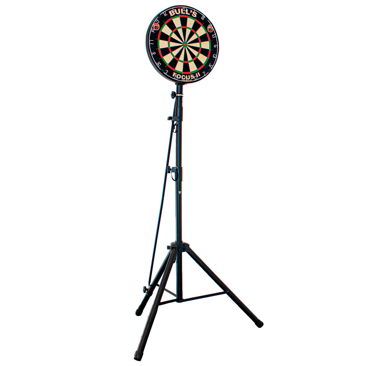 Auf dem Bild ist der BULL'S® Vibex S Mobile Dartstand zu sehen. Er besteht aus einem stabilen Stativ mit daran befestigter Dartscheibe.