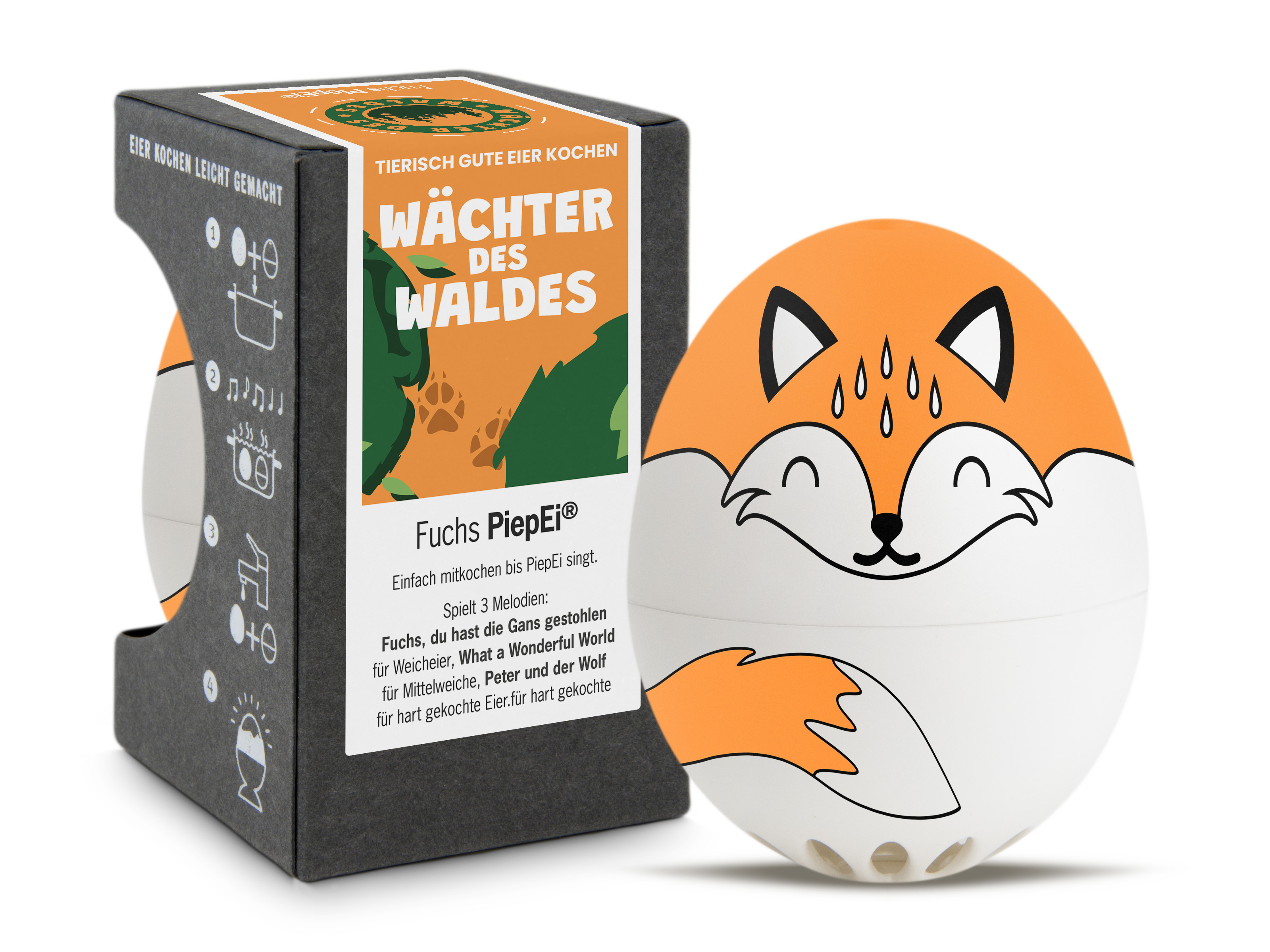Das Bild zeigt das Produkt PiepEi Fuchs. Es ist eine Eieruhr in Fuchs-Design.