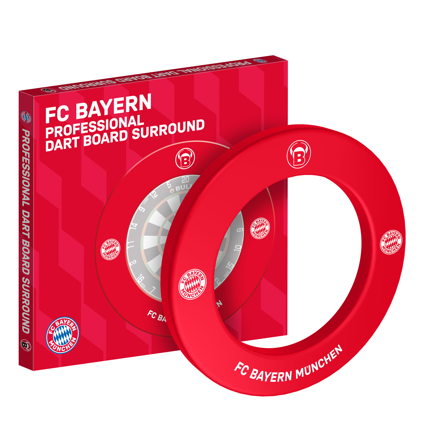 Abgebildet ist das Produkt BULL'S® FC Bayern München PU Surround. Es handelt sich um einen Surround-Ring für Dartboards im Bayern München Design.
