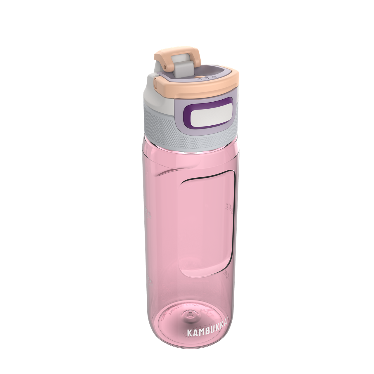 Die Abbildung zeigt eine Trinkflasche mit einem Fassungsvermögen von 0,75 Litern in zarten Pastellfarben. Der Deckel ist in Grau, Beige und Lila gestaltet, während die Flasche selbst rosa ist.