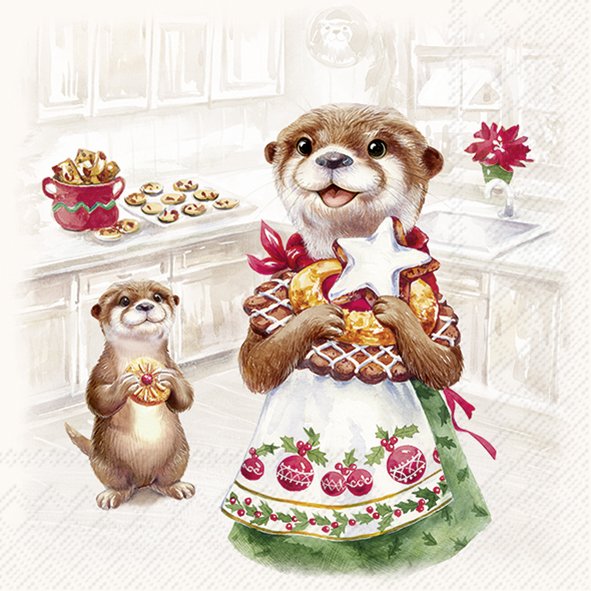 Die Otter Family Baked cream Lunch-Servietten sind auf diesem Bild abgebildet. Die Servietten zeigen ein verspieltes Otter-Familienmotiv.
