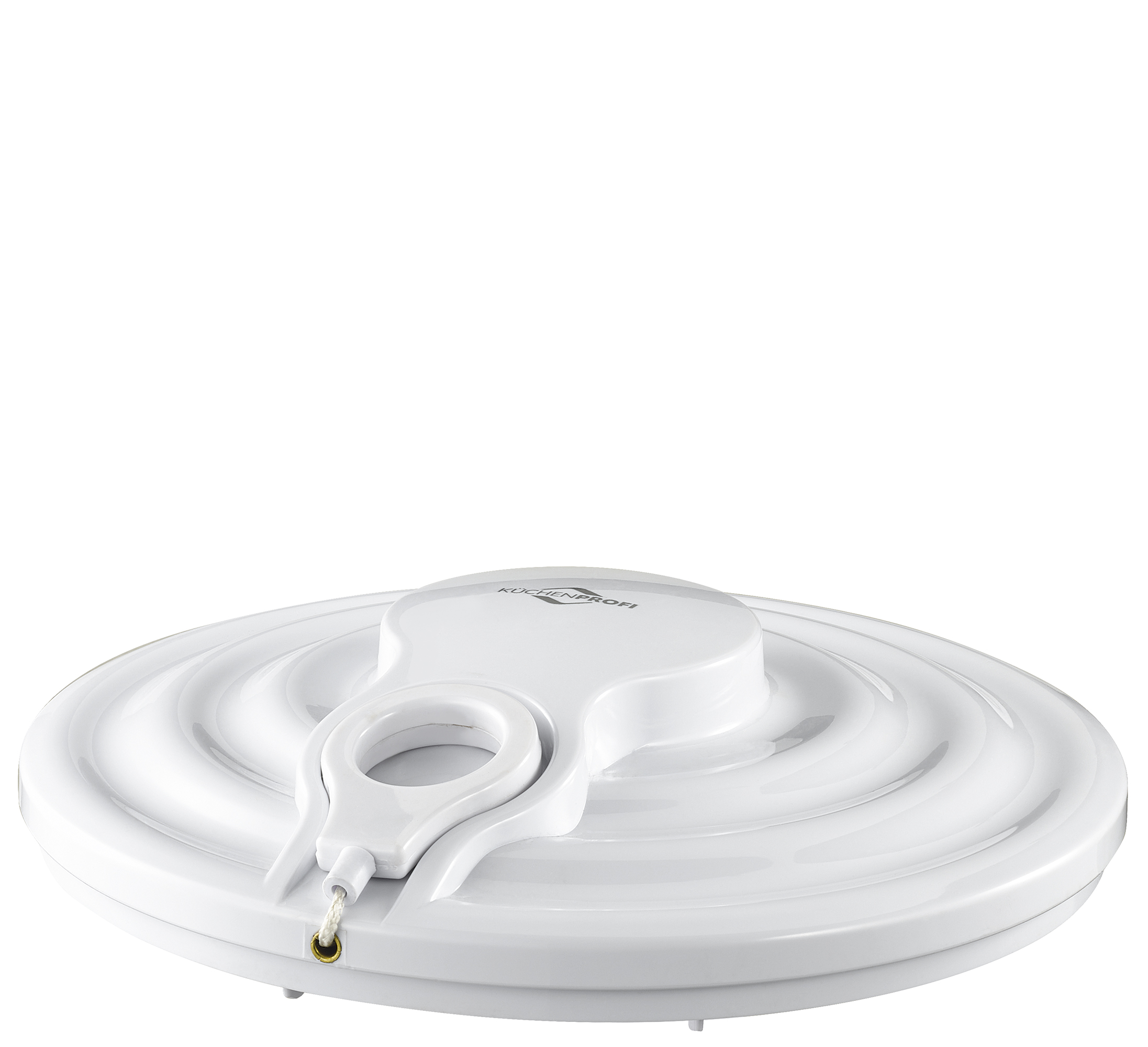 Dies ist ein runder, weißer Deckel mit einem Griff in der Mitte. Auf dem Griff befindet sich ein kleines Loch mit einer Kordel.