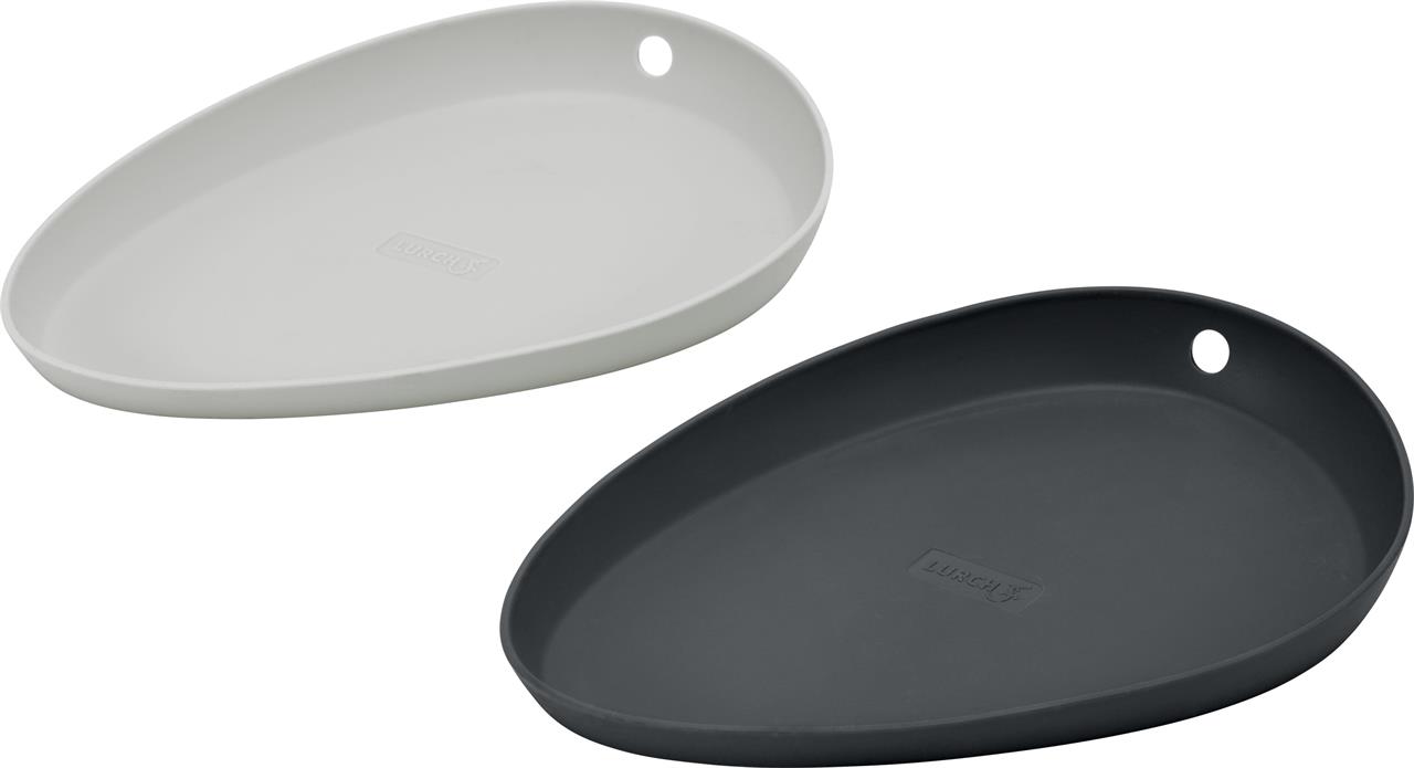 Das Bild zeigt zwei Silikon-Kochlöffelablagen im 2er-Set, eine in Hellgrau und eine in Eisengrau. Jede Ablage hat eine ovale Form und ein kleines Loch am Rand.