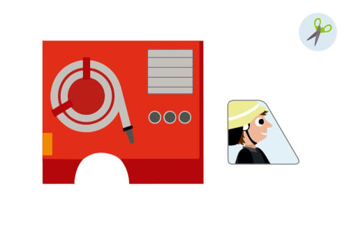 Das Bild zeigt einen Teil eines Feuerwehrautos mit einem Schlauch und einigen Knöpfen. Daneben ist das Fenster mit einem Feuerwehrmann zu sehen.