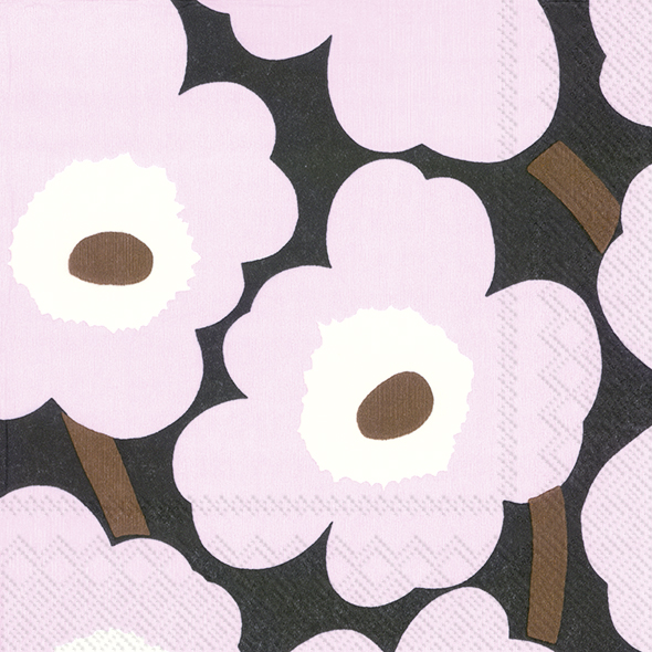Die Serviette zeigt ein Muster aus großen, rosa Blumen mit braunen Stielen auf schwarzem Hintergrund. Das Design wirkt modern und lebendig.