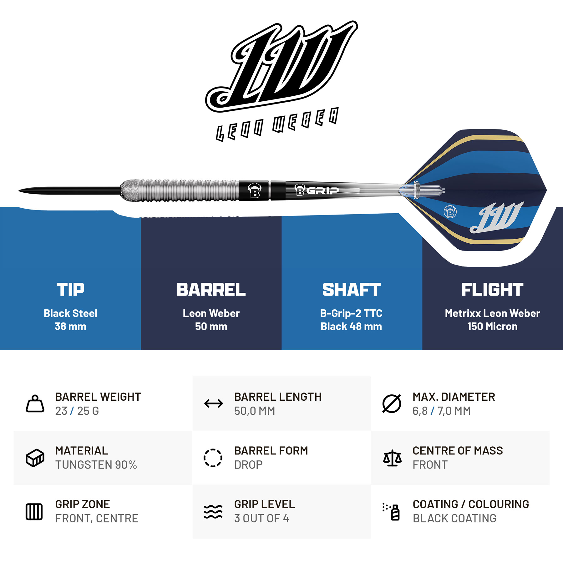 Abgebildet ist der Dart 'L. Weber Steel Tip 25g'. Das Produkt eignet sich ideal für Präzisionswürfe.