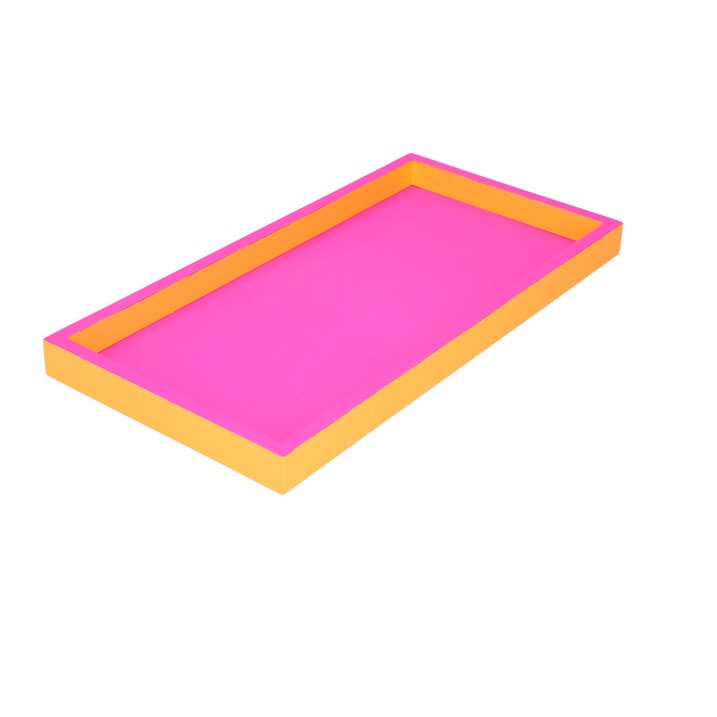 Hier ist das Tablett Neo in der Größe 30x2x15 cm in Neon Pink/Orange zu sehen. Dieses Tablett bringt leuchtende Farben und modernes Design auf jeden Tisch.