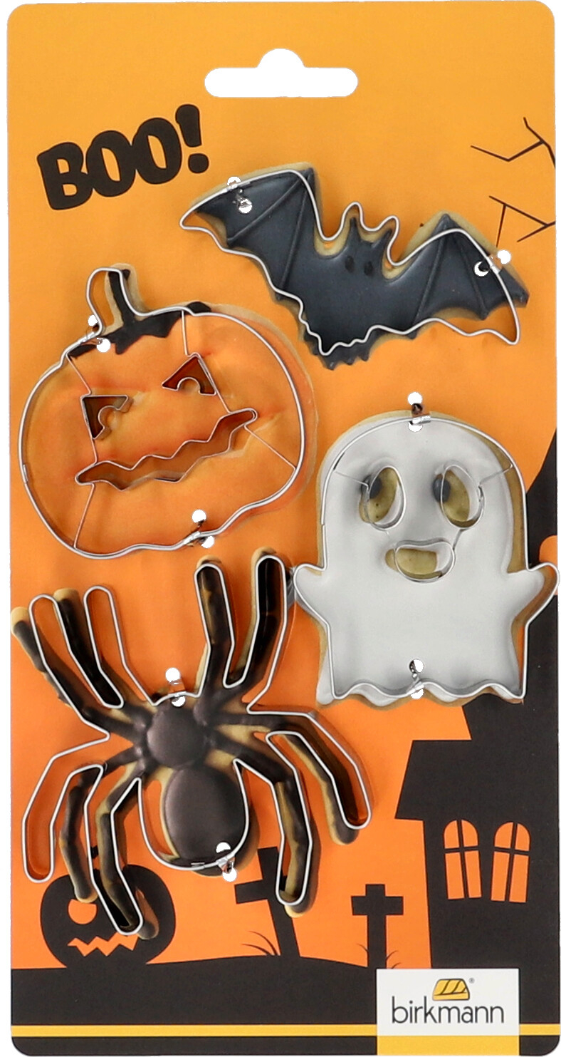 Dieses Ausstecher-Set enthält Motive wie Spinne, Kürbis, Geist und Fledermaus. Es ist ideal zum Ausstechen von Plätzchen für Halloween.