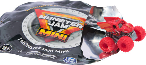 Auf dem Bild ist eine Verpackung mit der Aufschrift "Monster Jam Mini" zu sehen. Daneben steht ein kleines, rotes Monstertruck-Spielzeug.