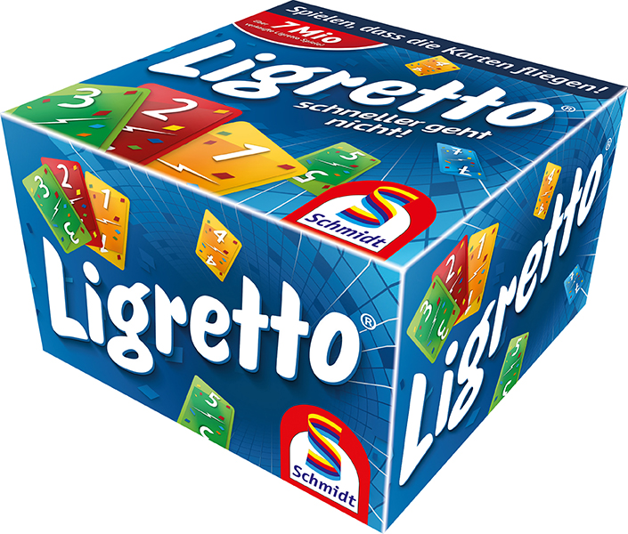 Auf dem Bild ist die Verpackung des Spiels "Ligretto® blau" zu sehen. Die Box ist blau und zeigt bunte Zahlenkarten sowie das Schmidt Spiele Logo.