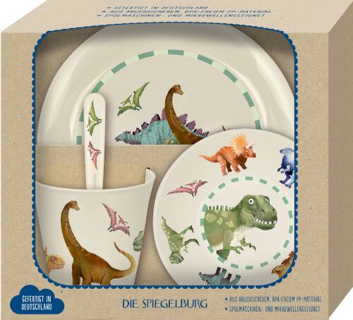 Das Bild zeigt ein Kindergeschirr-Set mit bunten Dino-Motiven. Das Set besteht aus einem Teller, einer Schale, einem Becher und einem Löffel.