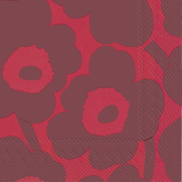 Die Serviette zeigt ein rotes Blumenmuster mit großen, stilisierten Blüten. Die Farben sind in verschiedenen Rottönen gehalten und verleihen der Serviette ein auffälliges Design.