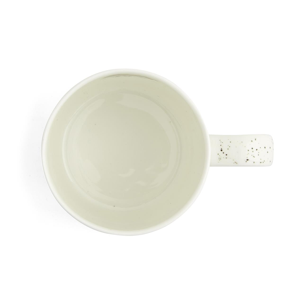 Die Abbildung zeigt eine weiße Tasse von oben. Der Henkel hat kleine schwarze Sprenkel.