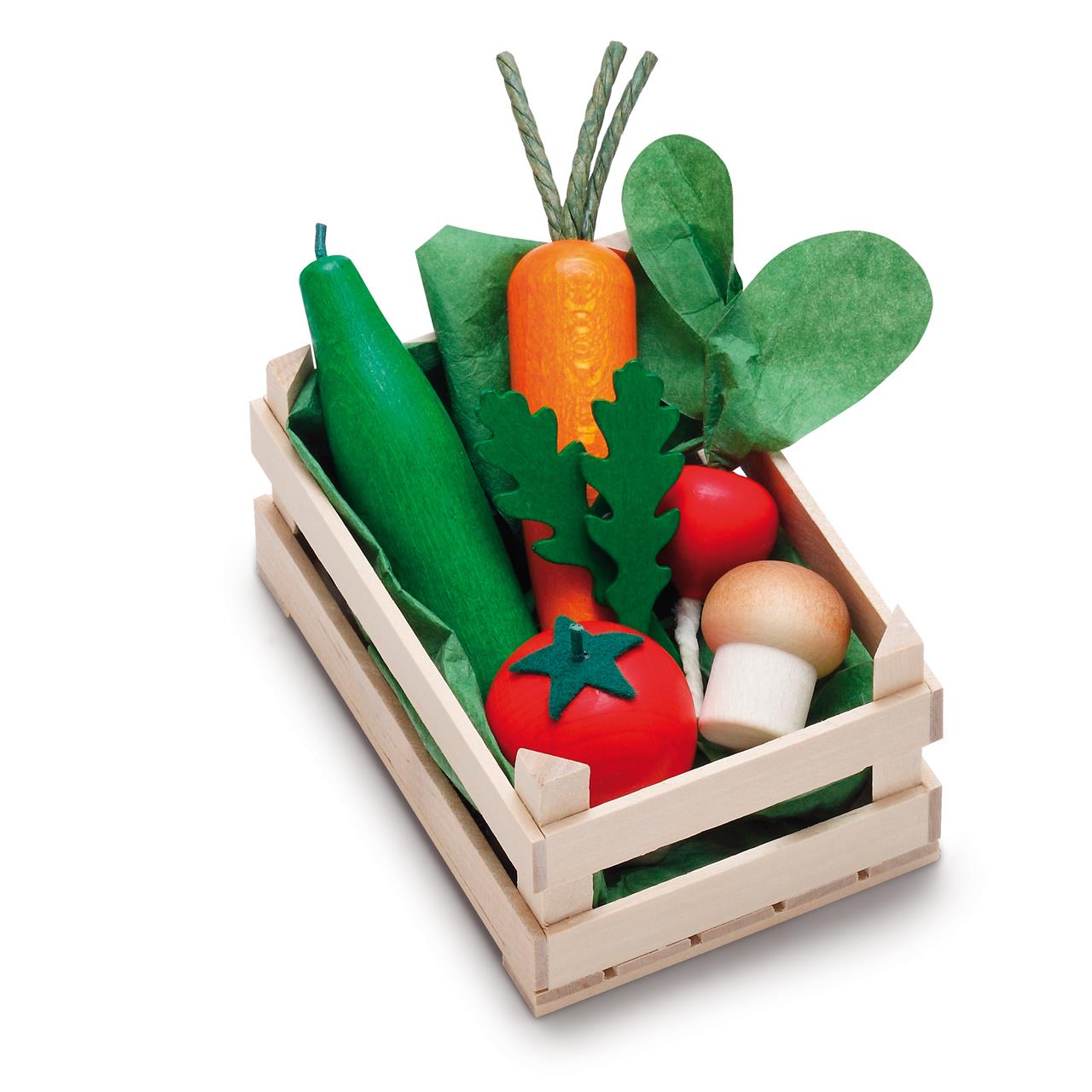 In der Kiste befinden sich verschiedene bunte Holzgemüse wie Tomate, Karotte und Pilz. Das Set heißt "Sortiment Gemüse klein" und eignet sich zum Spielen für Kinder.