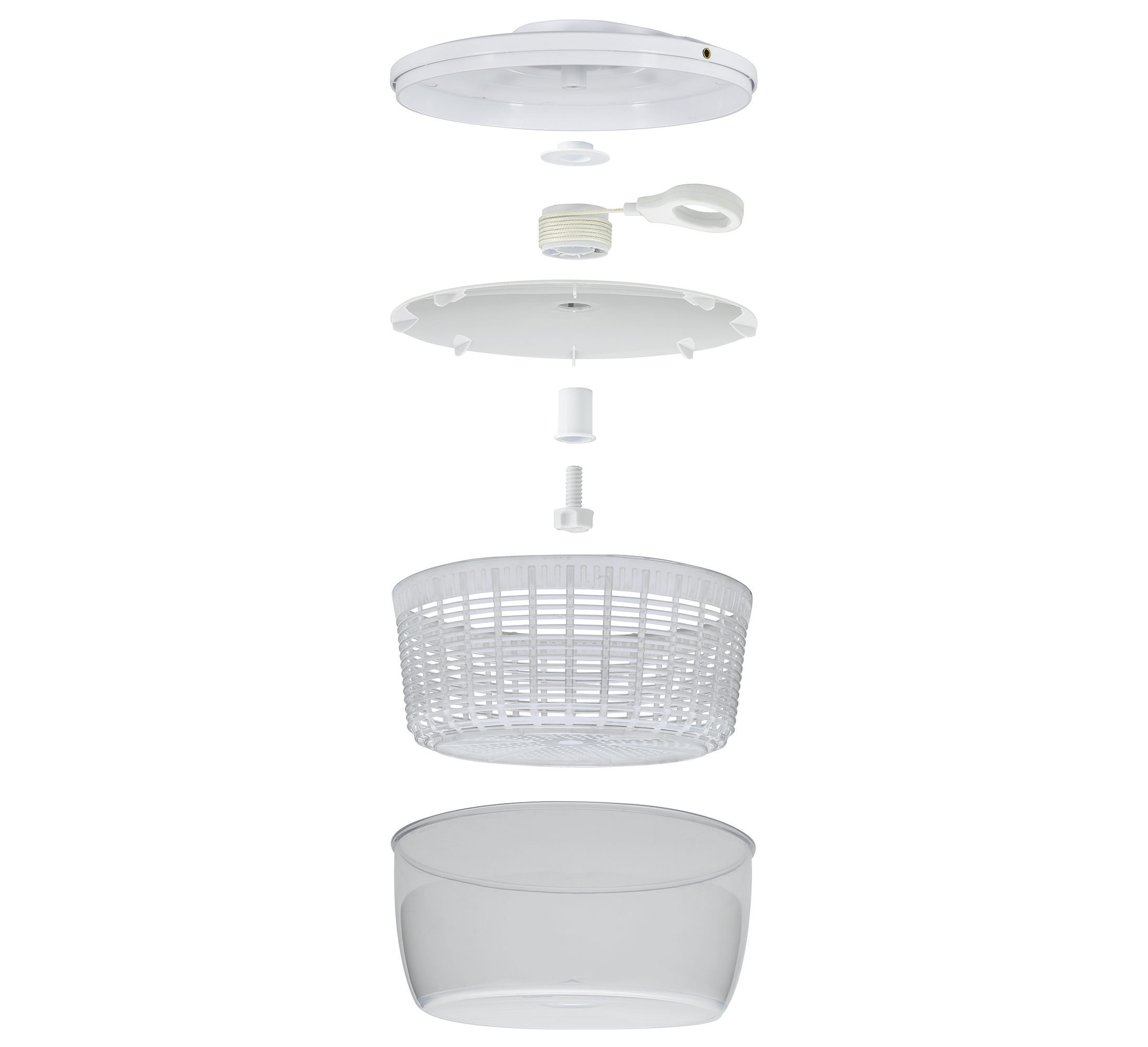 Das Bild zeigt die auseinandergebauten Einzelteile einer Salatschleuder. Die Bestandteile sind klar voneinander getrennt und übereinander angeordnet.