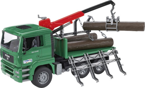 Auf dem Bild ist ein grüner Lastwagen mit einem Kran zu sehen. Der Kran lädt große Holzstämme auf den LKW.