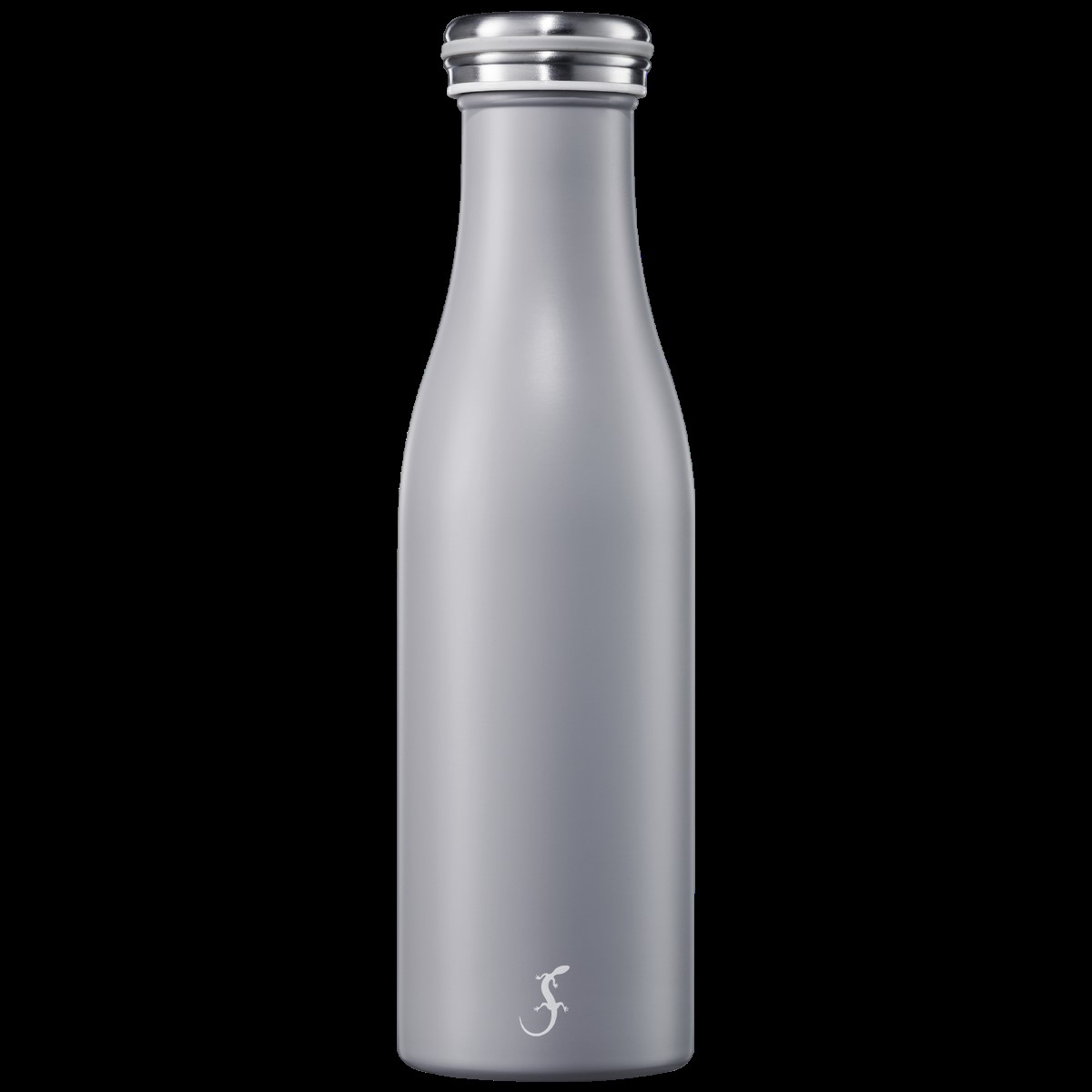 Die Abbildung zeigt eine graue Isolierflasche aus Edelstahl mit einem Fassungsvermögen von 0,5 Litern. Die Flasche hat einen schlichten, modernen Look mit silbernem Schraubverschluss.